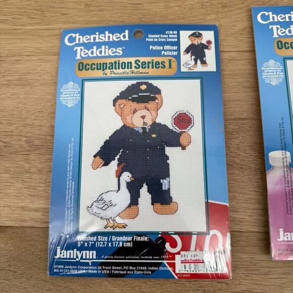 JanLynn Cherished Teddies Cross Stitch Kit LOT of 2 Occupation Doctor Police NEW - Picture 4 of 6